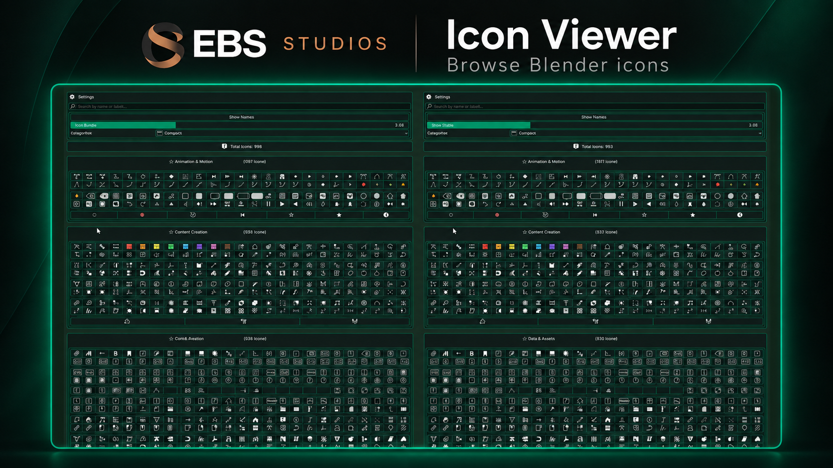 OEBS Studios Icon Viewer promotional artwork based on the supplied interface image.